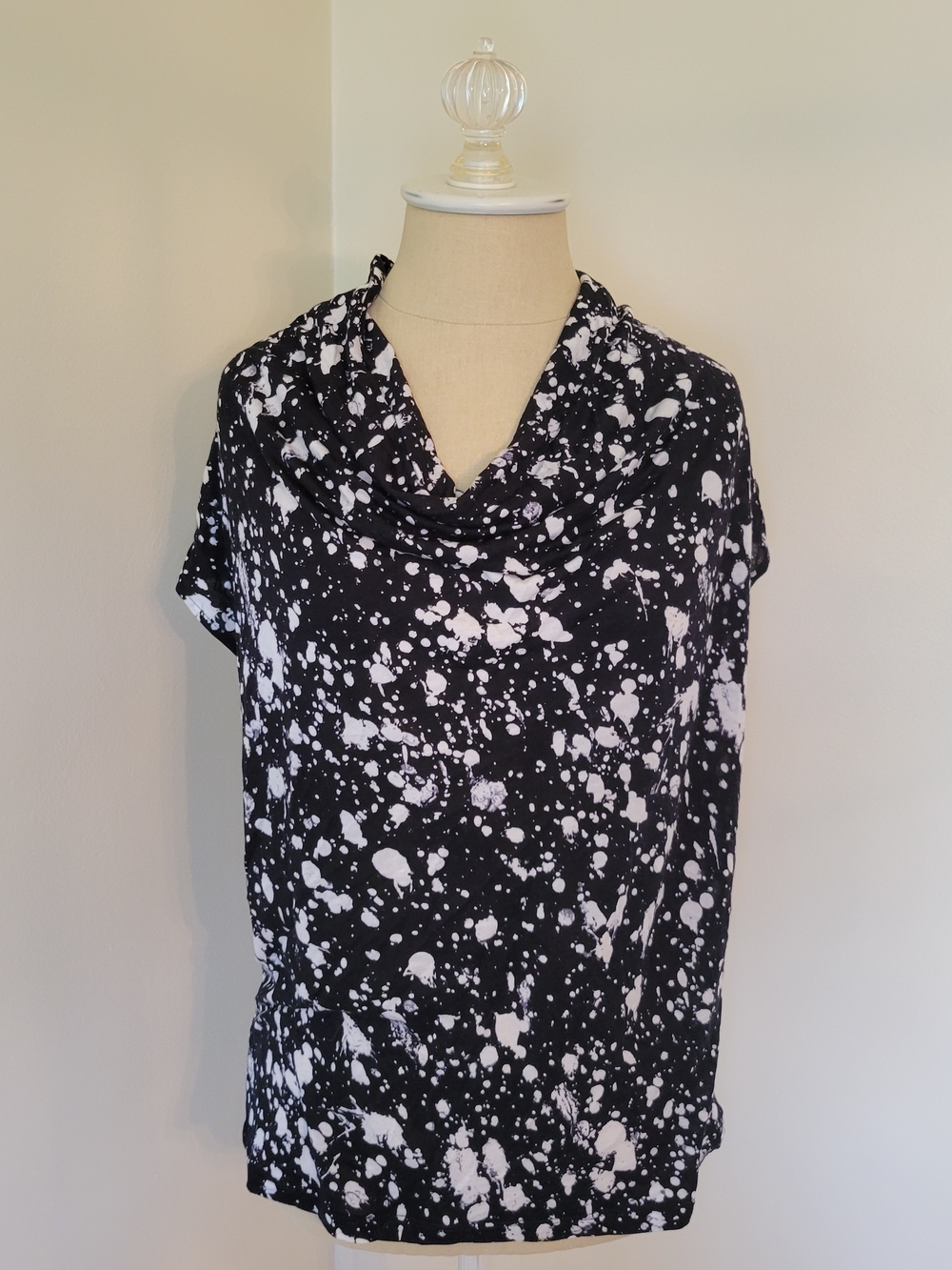 Michael Kors Black and White Splatter Cowl-Neck Top